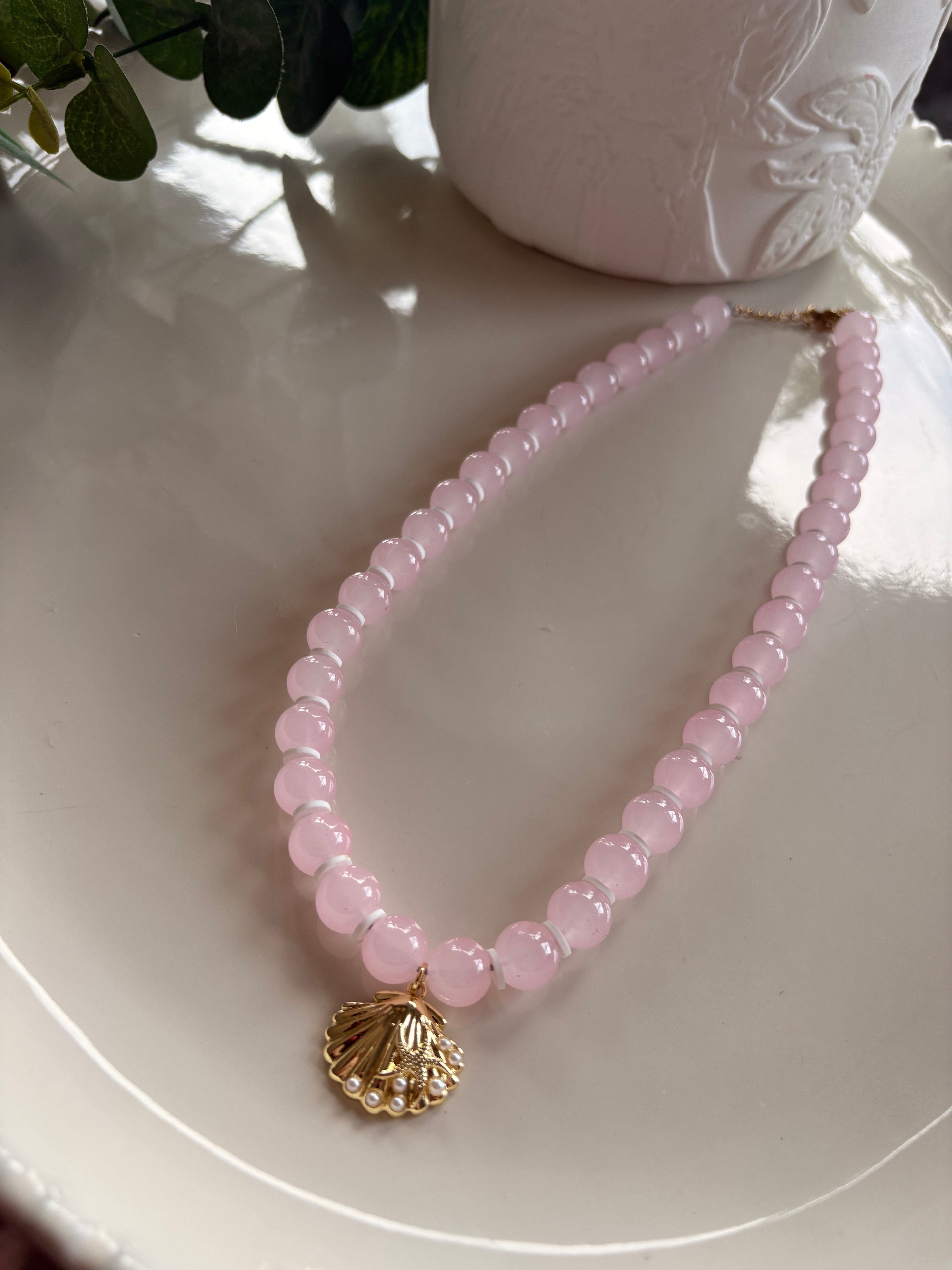 Hannah Baby Pink Glass Bead Necklace with Shell Pendant