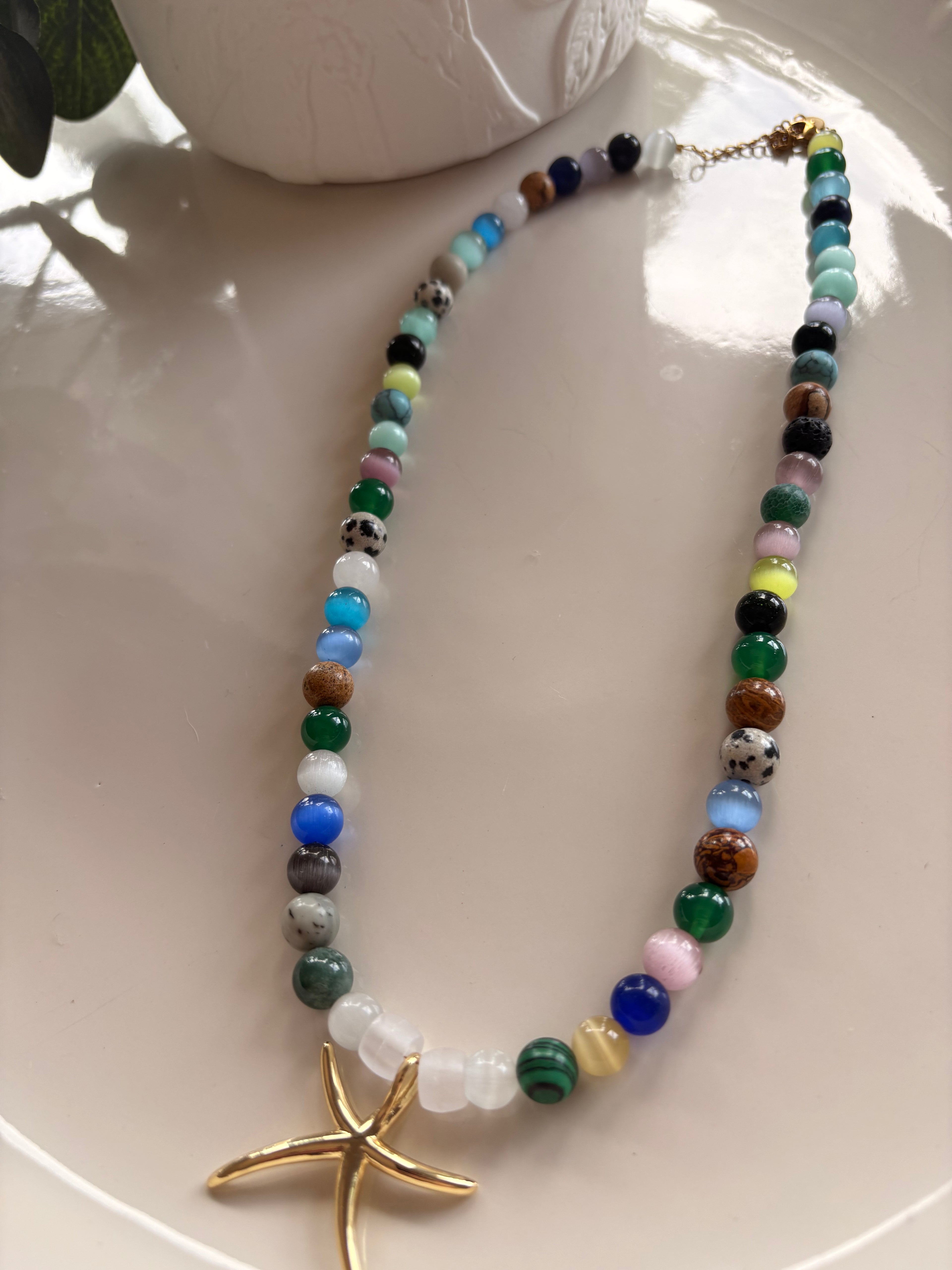 Dee Green & Blue Glass Bead Necklace with Starfish Accents
