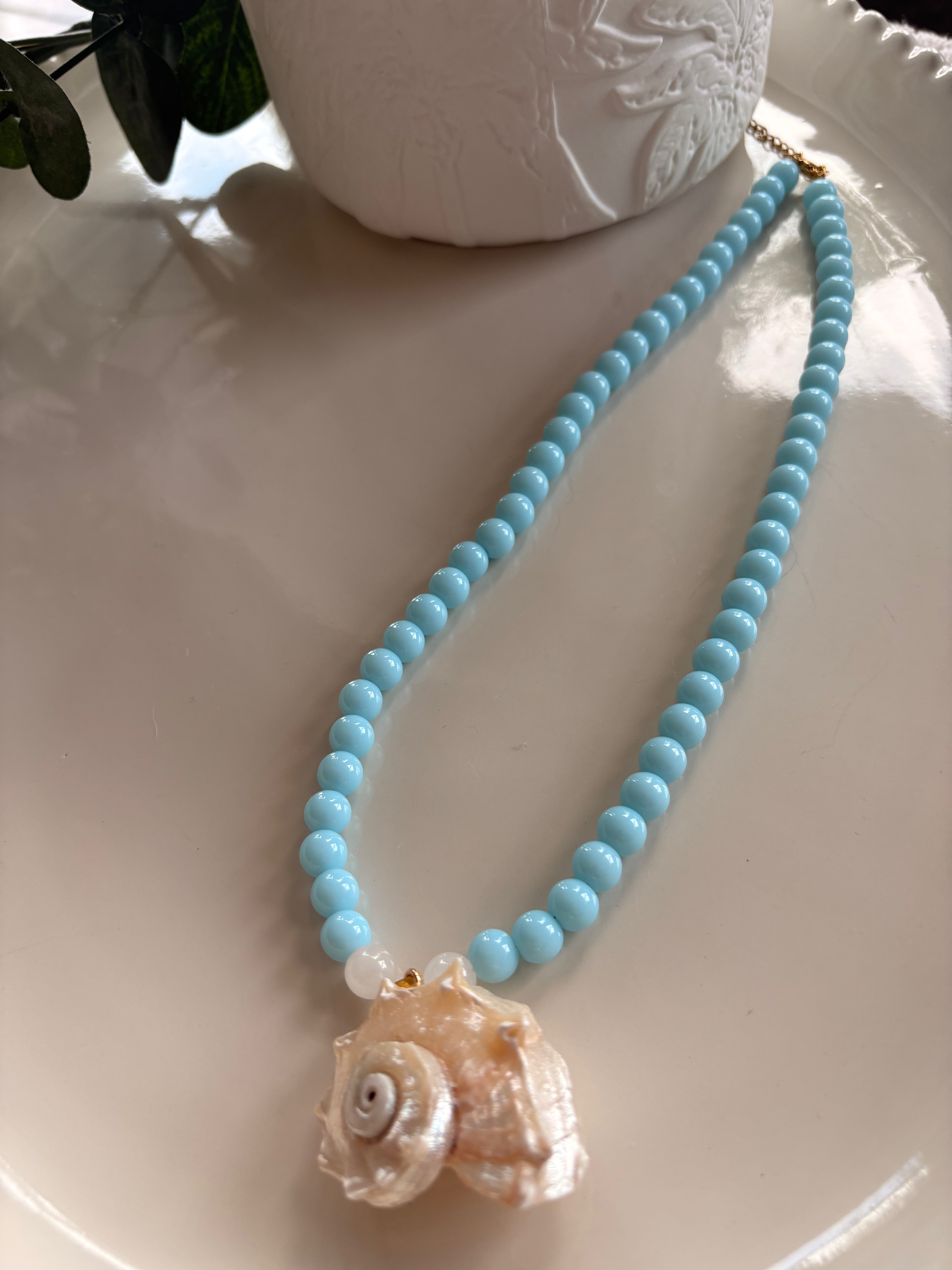 Kelly Soft Blue Bead Necklace with Shell Accents