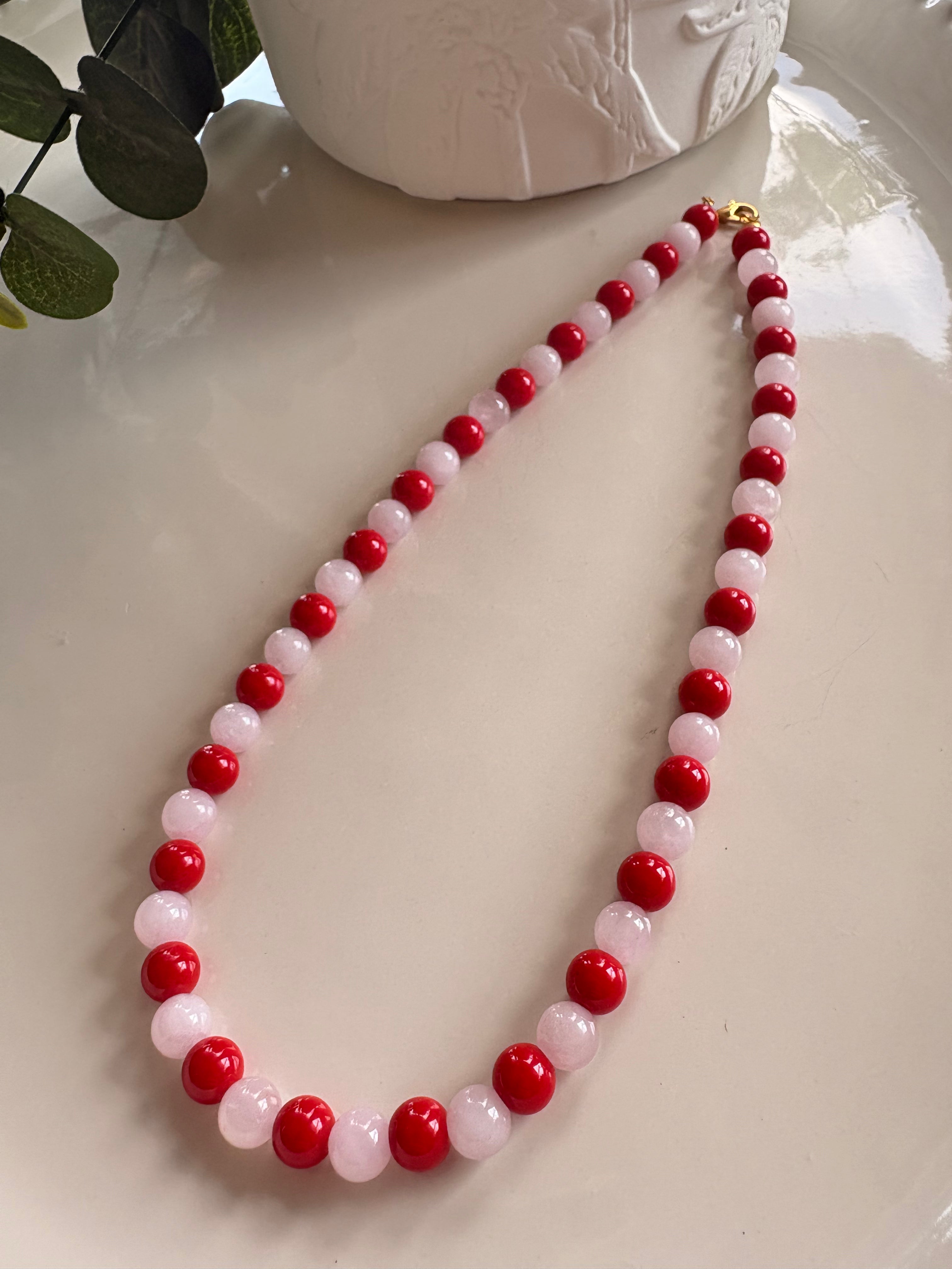 Ruby Red & Pink Glass Bead Necklace