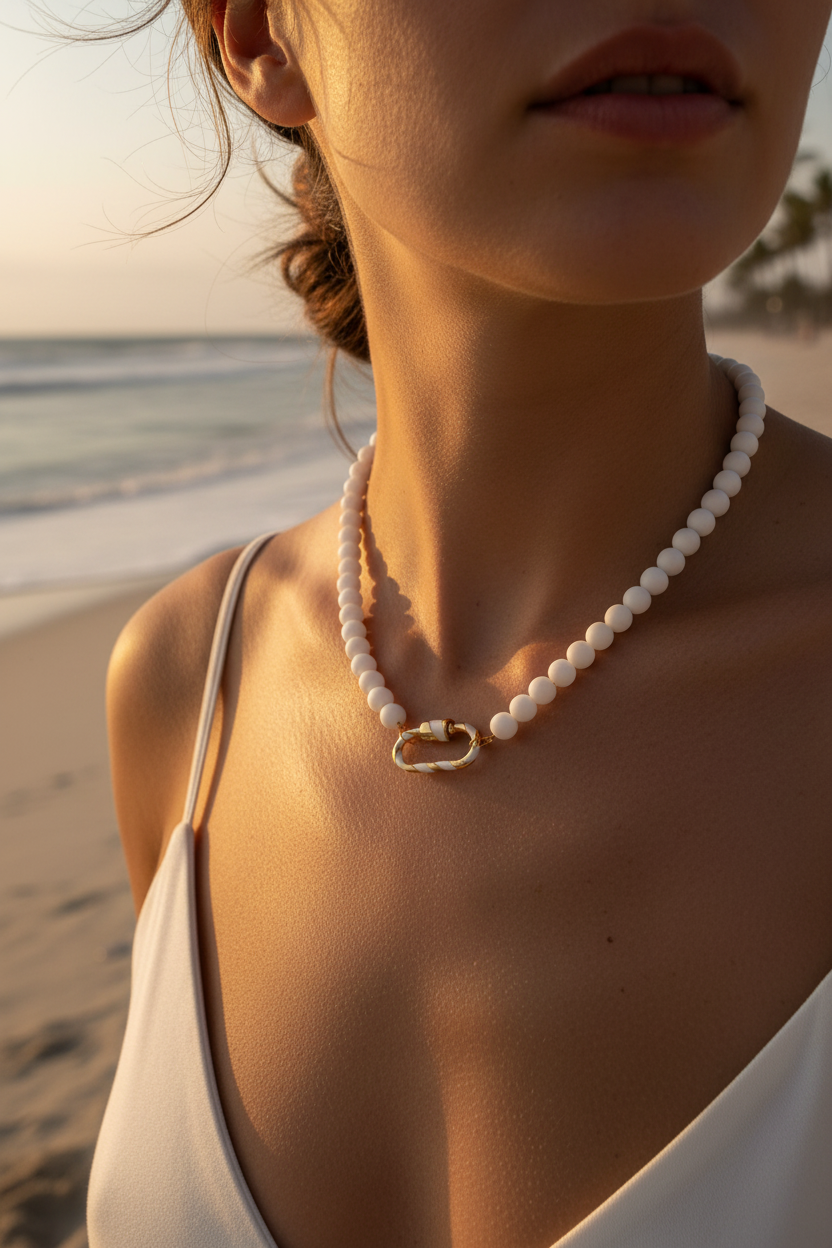 Diva White Beaded Necklace with Charm Link